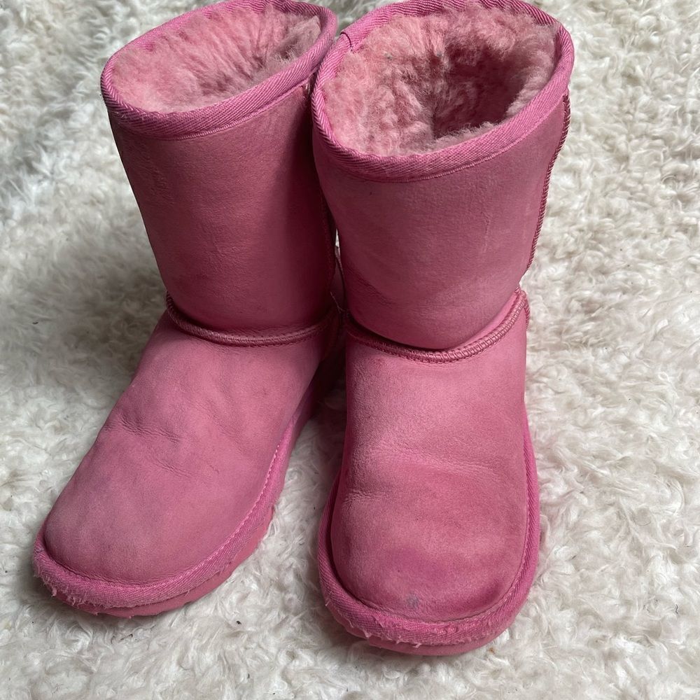UGG Girl's Classic II Glitz pink leather suede Wool Lined Pull-On Boots SZ5